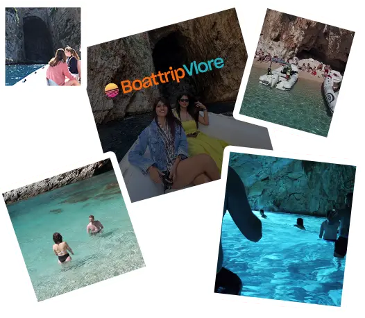 Collage photos of people enjoying a boat trip in Vlore